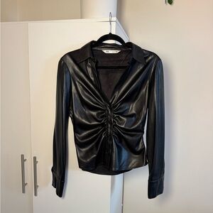 Black Faux Leather Ruched Blouse